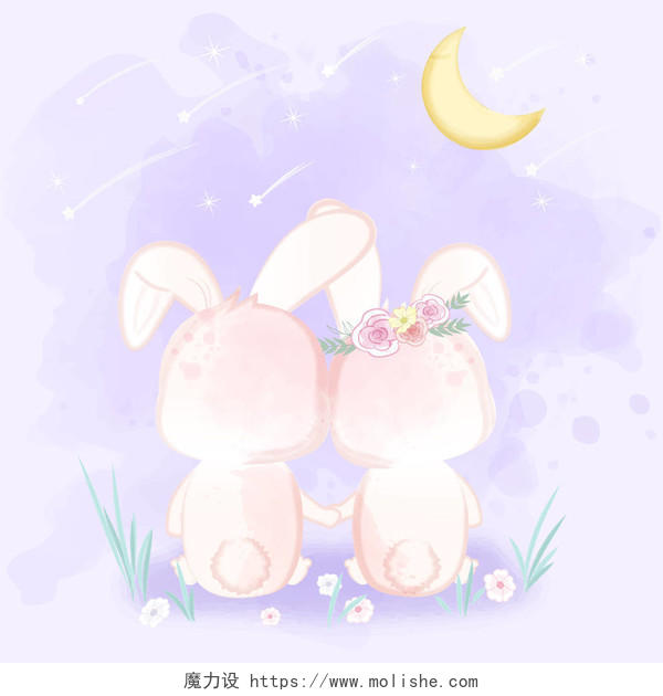两只兔子坐在一起看流星雨的手绘卡通画